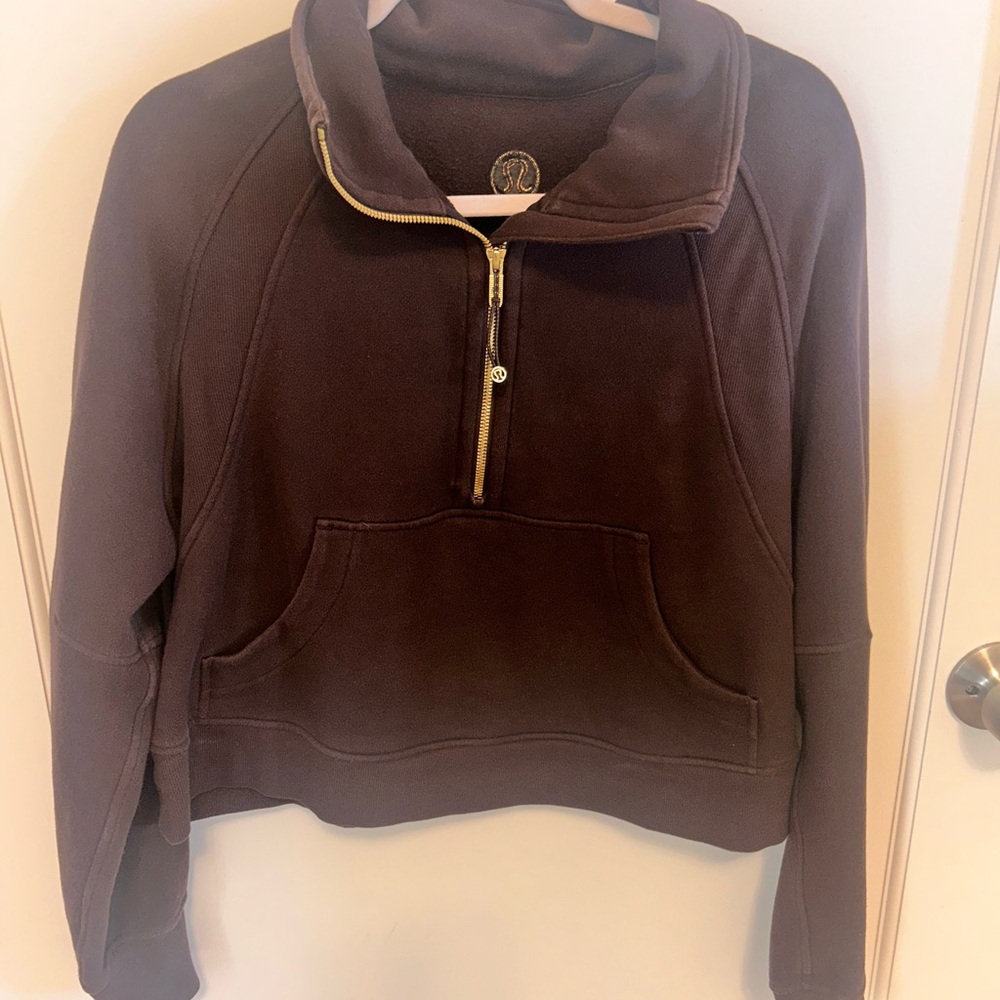 lululemon athletica Dark Brown Scuba Half-Zip Sweater with gold detail